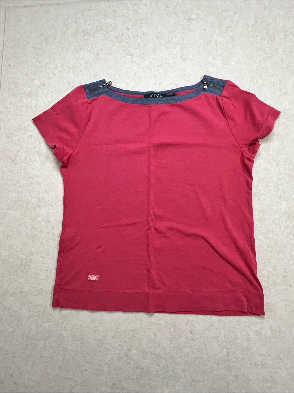 Lauren Ralph Lauren Pink Boatneck Top w/ Chambray Shoulder Zippers Size L
